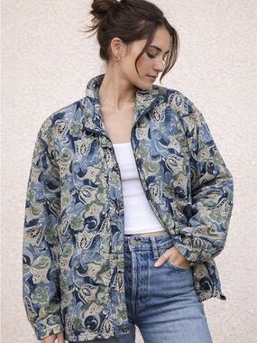Vintage Stunt Sports Paisley Windbreaker Jacket Blue Green Retro 90s Lightweight